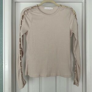 Jonathan Simkhai Standard Ribbed Long Sleeve Cut Out Detail Cream Top Size Large